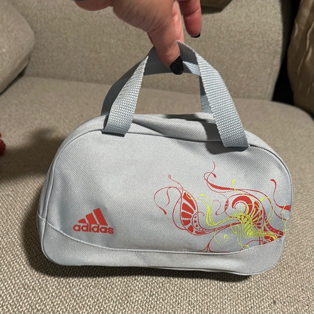 Adidas Light Gray Cosmetic Bag with Red and Yellow Design